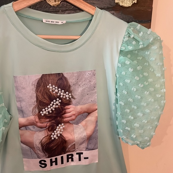 Miss Mia Mia Mint Green Balloon Sleeve Spandex T-shirt Top Size Medium - Picture 3 of 16